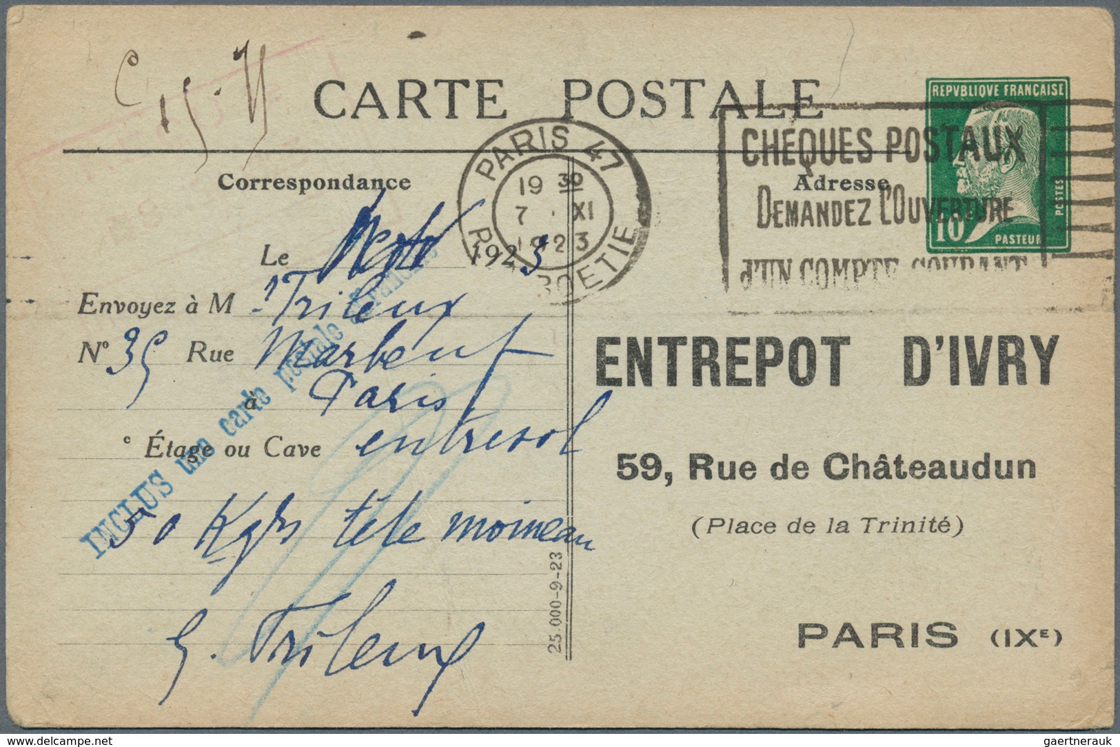 Frankreich - Ganzsachen: 1923, 10 C Green Pasteur, Private Picture Psc With Preprinted Address "Entr - Andere & Zonder Classificatie