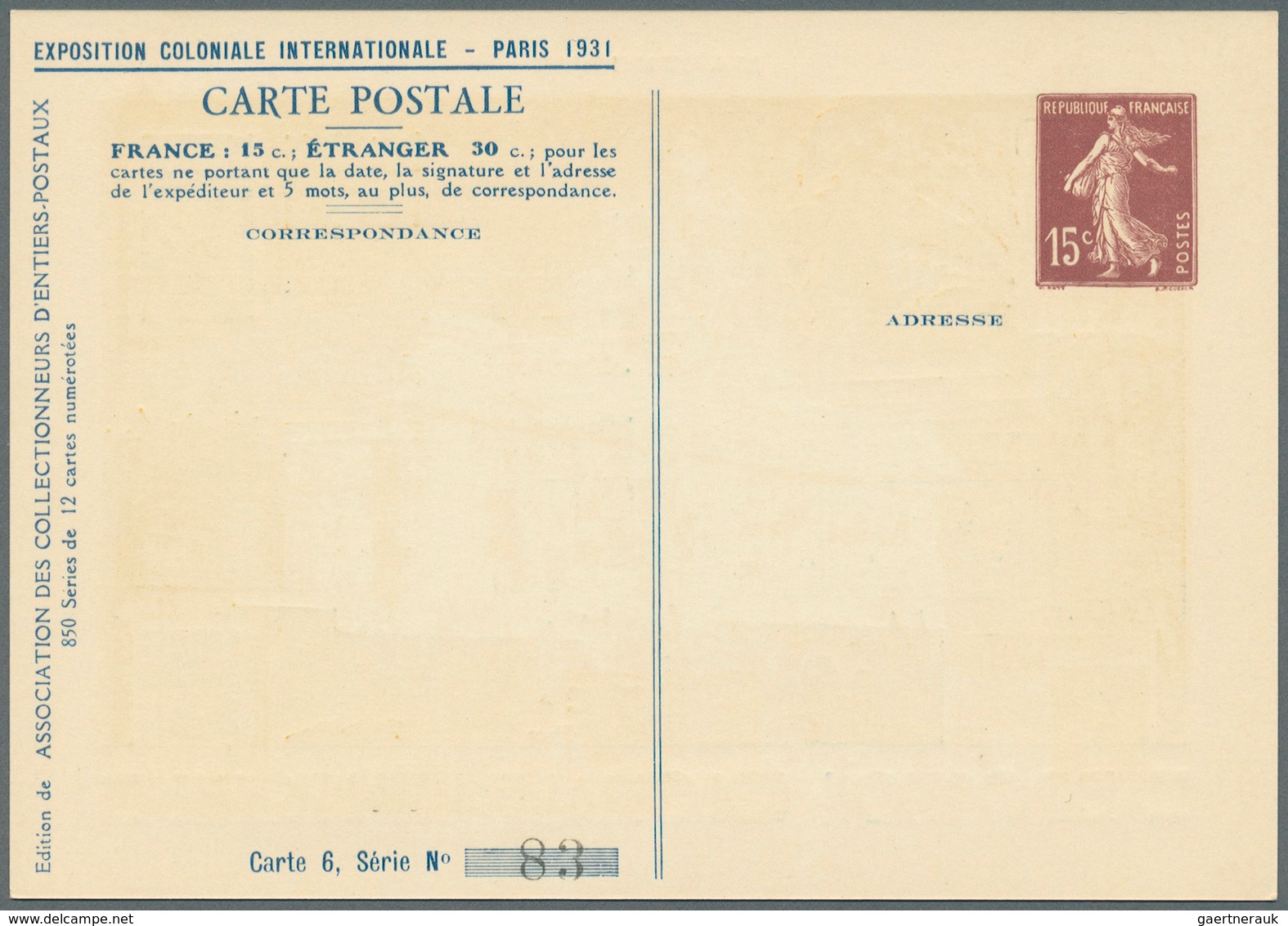 Frankreich - Ganzsachen: 1931: EXPOSTION COLONIALE INTERNATIONALE, PARIS 1931, Serie Von 12 Postkart - Andere & Zonder Classificatie