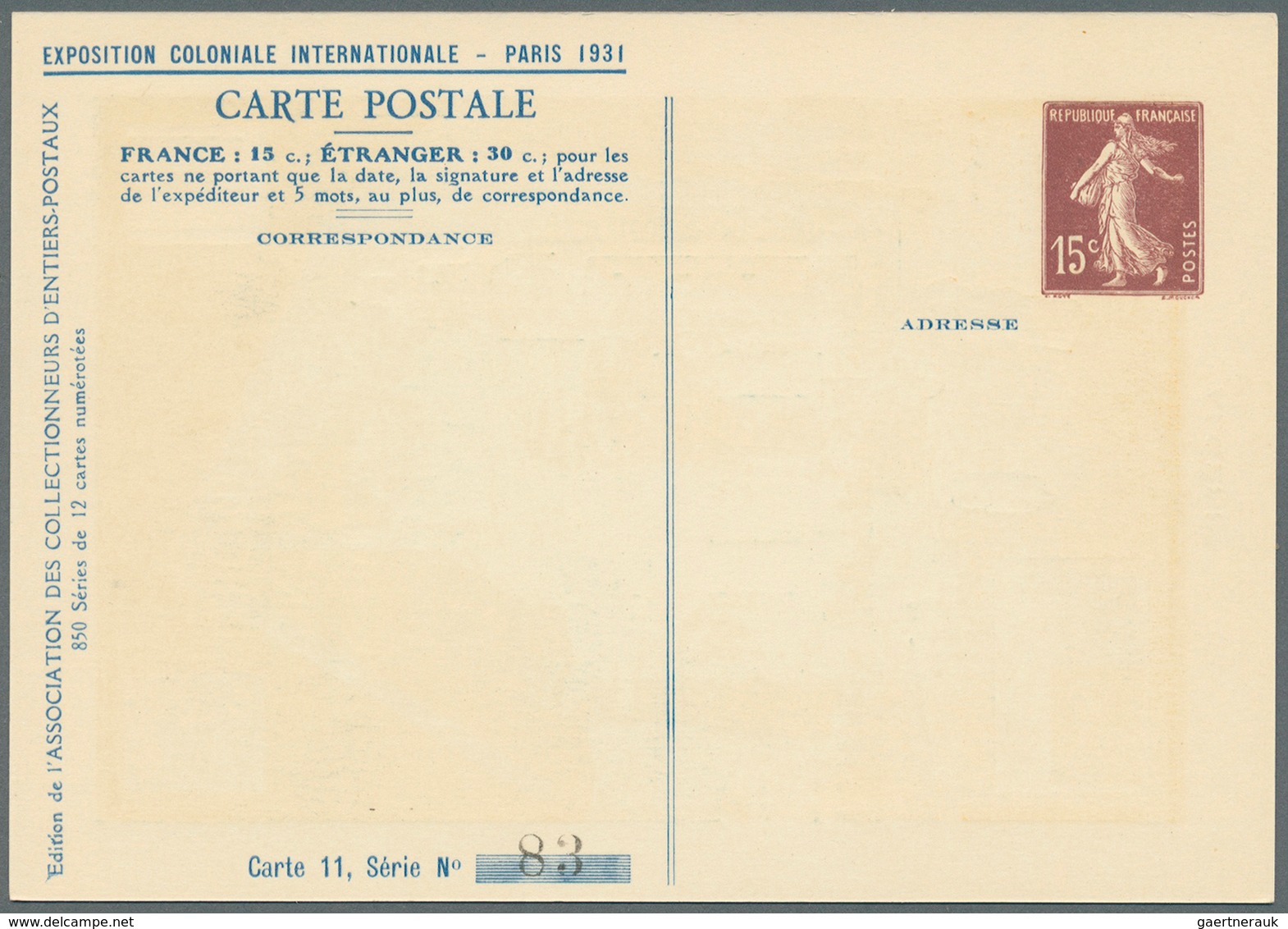 Frankreich - Ganzsachen: 1931: EXPOSTION COLONIALE INTERNATIONALE, PARIS 1931, Serie von 12 Postkart