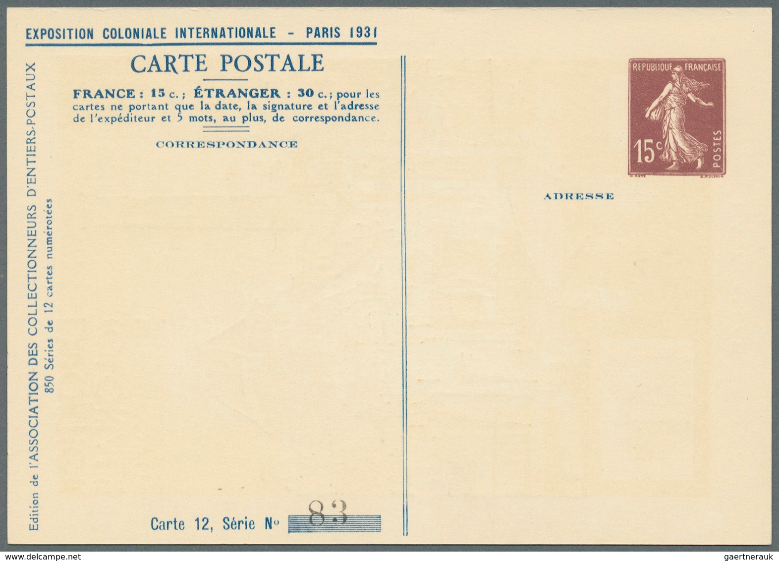 Frankreich - Ganzsachen: 1931: EXPOSTION COLONIALE INTERNATIONALE, PARIS 1931, Serie von 12 Postkart
