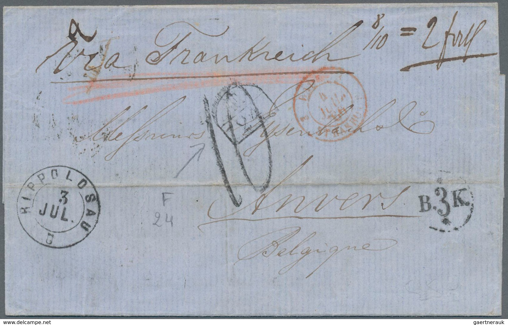 Frankreich - Stempel: 1866, Folded Entire Addressed From Germany To Belgium Cancelled By Rippoldsau - 1801-1848: Voorlopers XIX