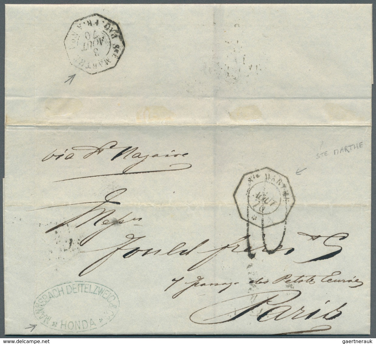 Frankreich - Stempel: 1870, "STE. MARTHE 3 AOUT 70" Octogonal Mark On Lettersheet Dated "Honda 19 Ju - 1801-1848: Precursors XIX