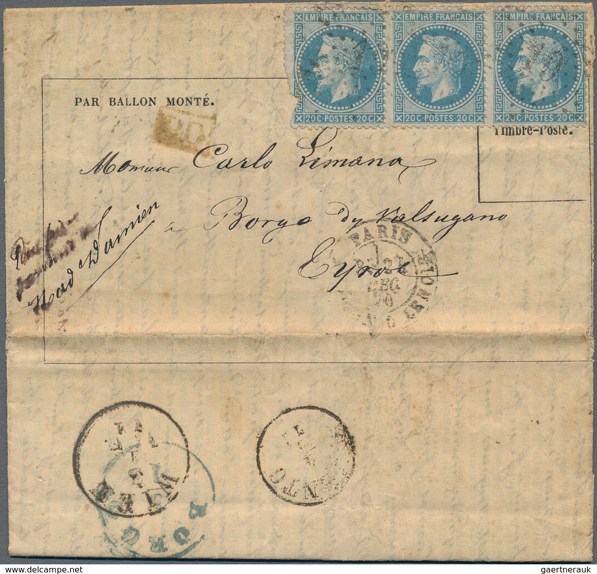 Frankreich - Ballonpost: 1870 BALLON MONTÉ: Letter To Borgo Near Valsugana In Tirol By Balloon "Baya - 1960-.... Covers & Documents