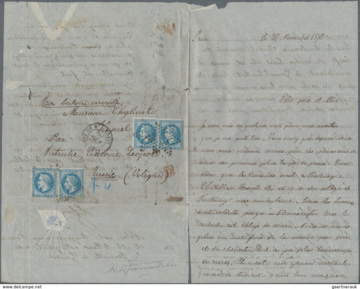 Frankreich - Ballonpost: 1870, DESTINATION UKRAINE (RUSSIA), Balloon "Franklin", Lettersheet With Co - 1960-.... Covers & Documents