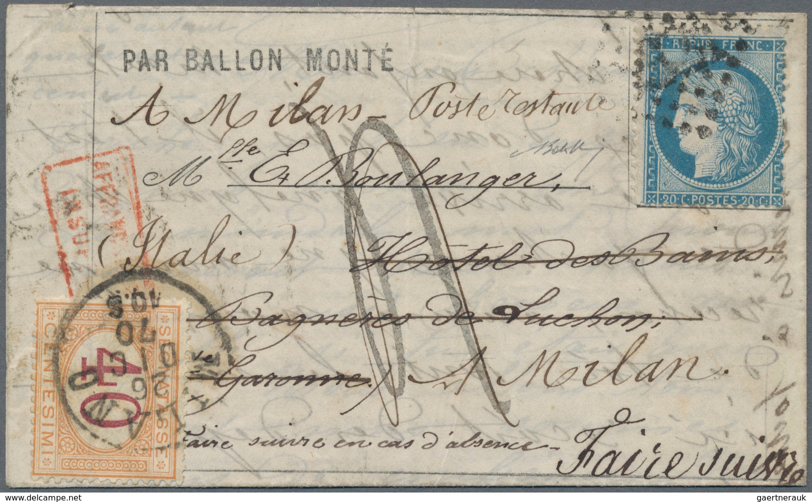 Frankreich - Ballonpost: 1870, REDIRECTED TO ITALY, Ballon "General Renault" (presumably), Siege 20c - 1960-.... Cartas & Documentos