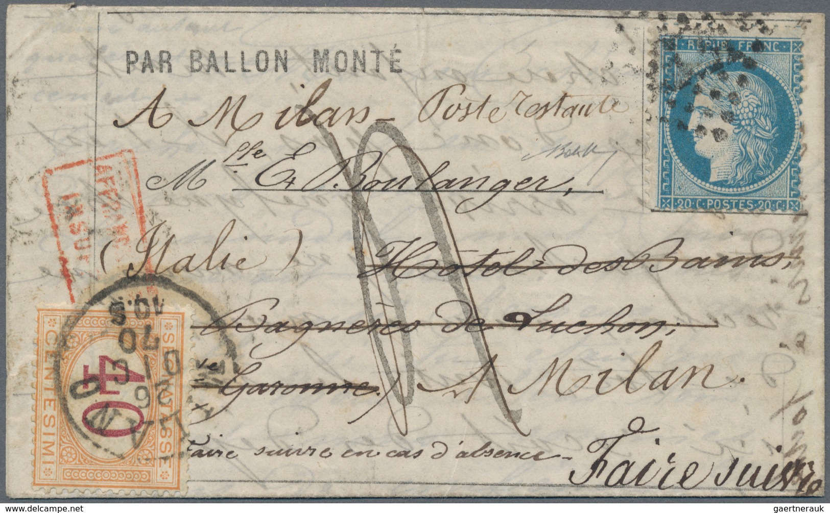 Frankreich - Ballonpost: 1870, REDIRECTED TO ITALY, Ballon "General Renault" (presumably), Siege 20c - 1960-.... Brieven & Documenten