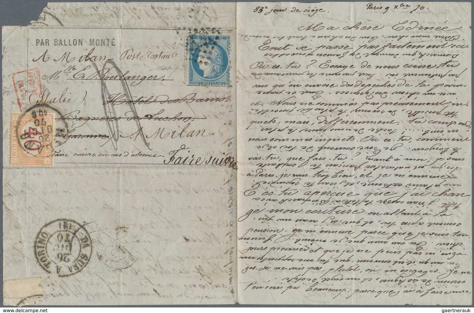 Frankreich - Ballonpost: 1870, REDIRECTED TO ITALY, Ballon "General Renault" (presumably), Siege 20c - 1960-.... Covers & Documents