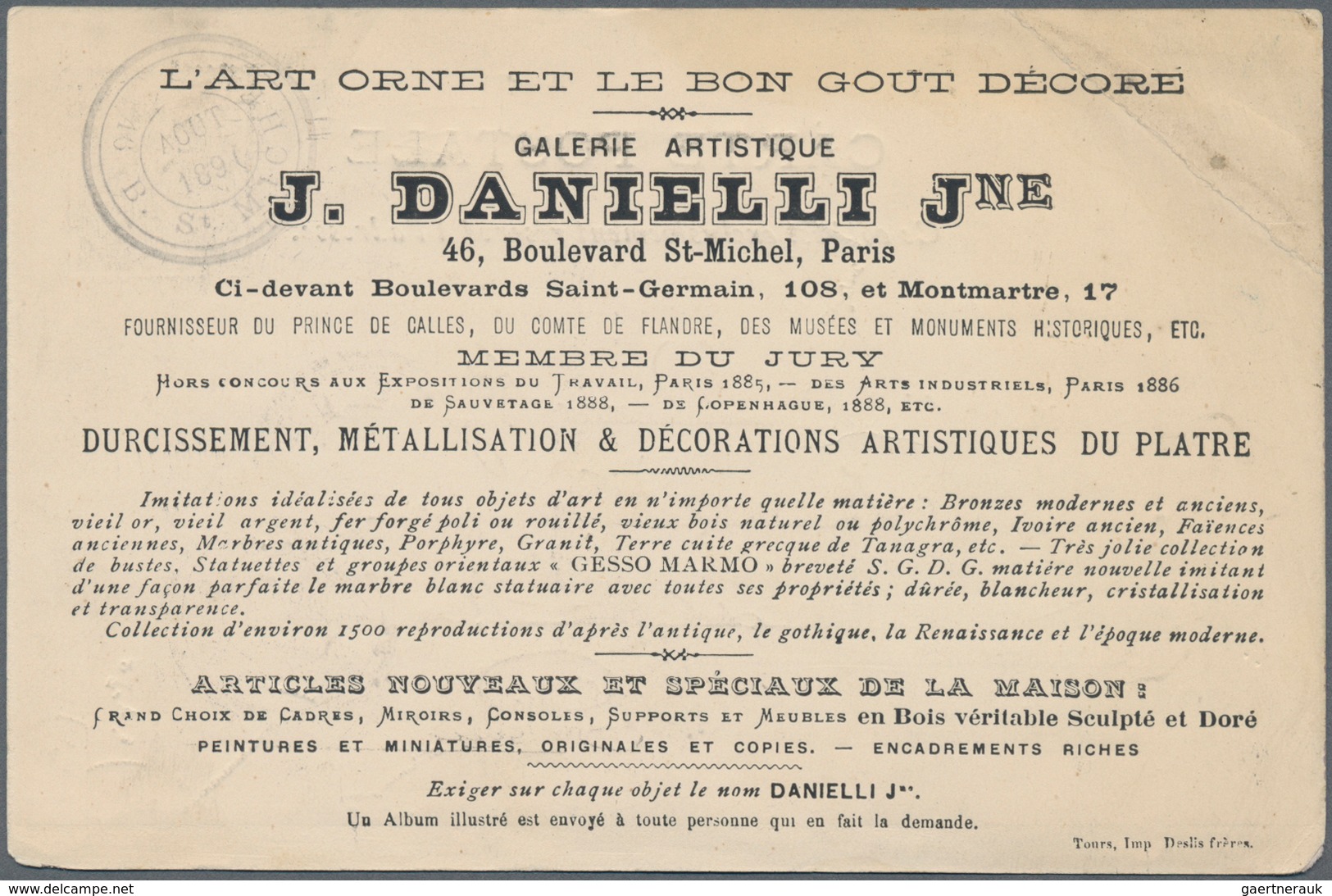 Frankreich - Besonderheiten: 1891, Private Advertising Card For "Gallerie Artistique J. DANIELLI" Wi - Otros & Sin Clasificación