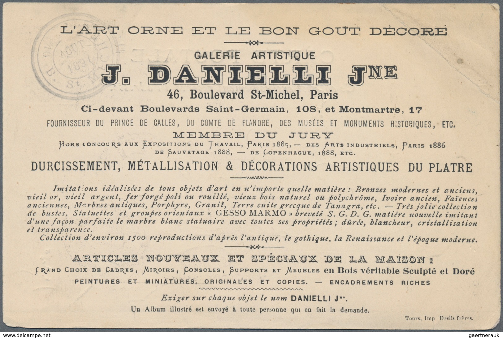 Frankreich - Besonderheiten: 1891, Private Advertising Card For "Gallerie Artistique J. DANIELLI" Wi - Other & Unclassified