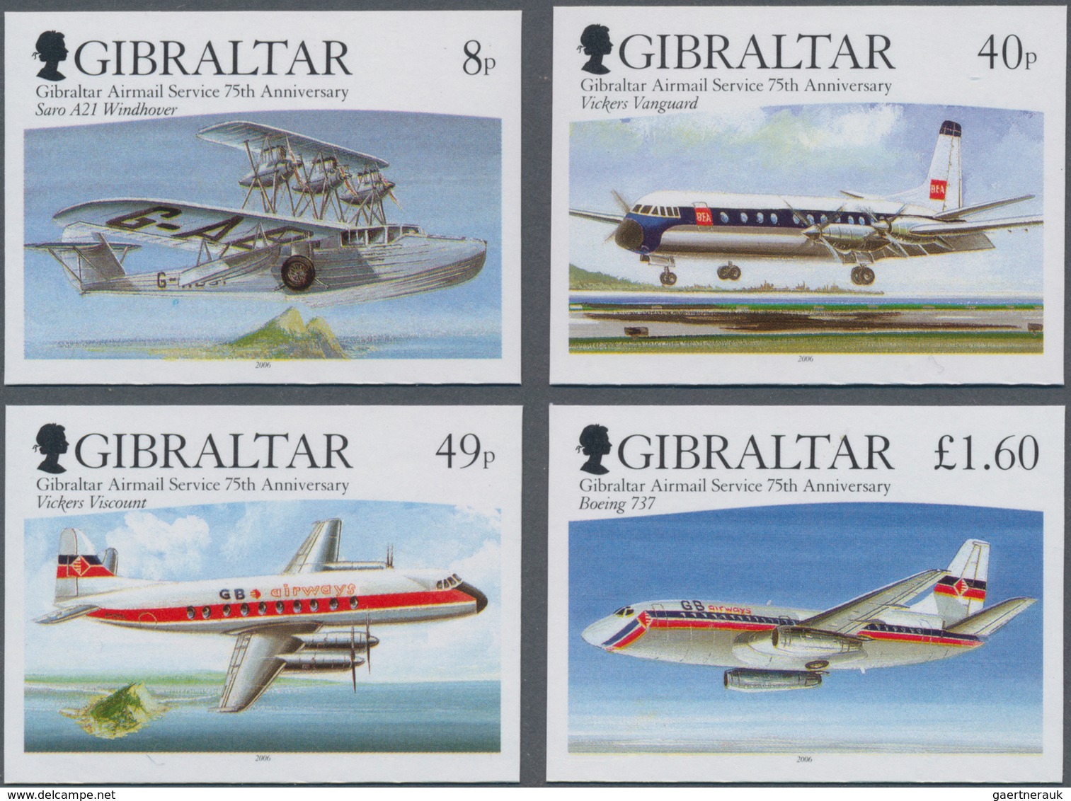 Gibraltar: 2006. Complete Set "75 Years Airmail Service Of Gibraltar" (4 Values) In IMPERFORATE Sing - Gibraltar