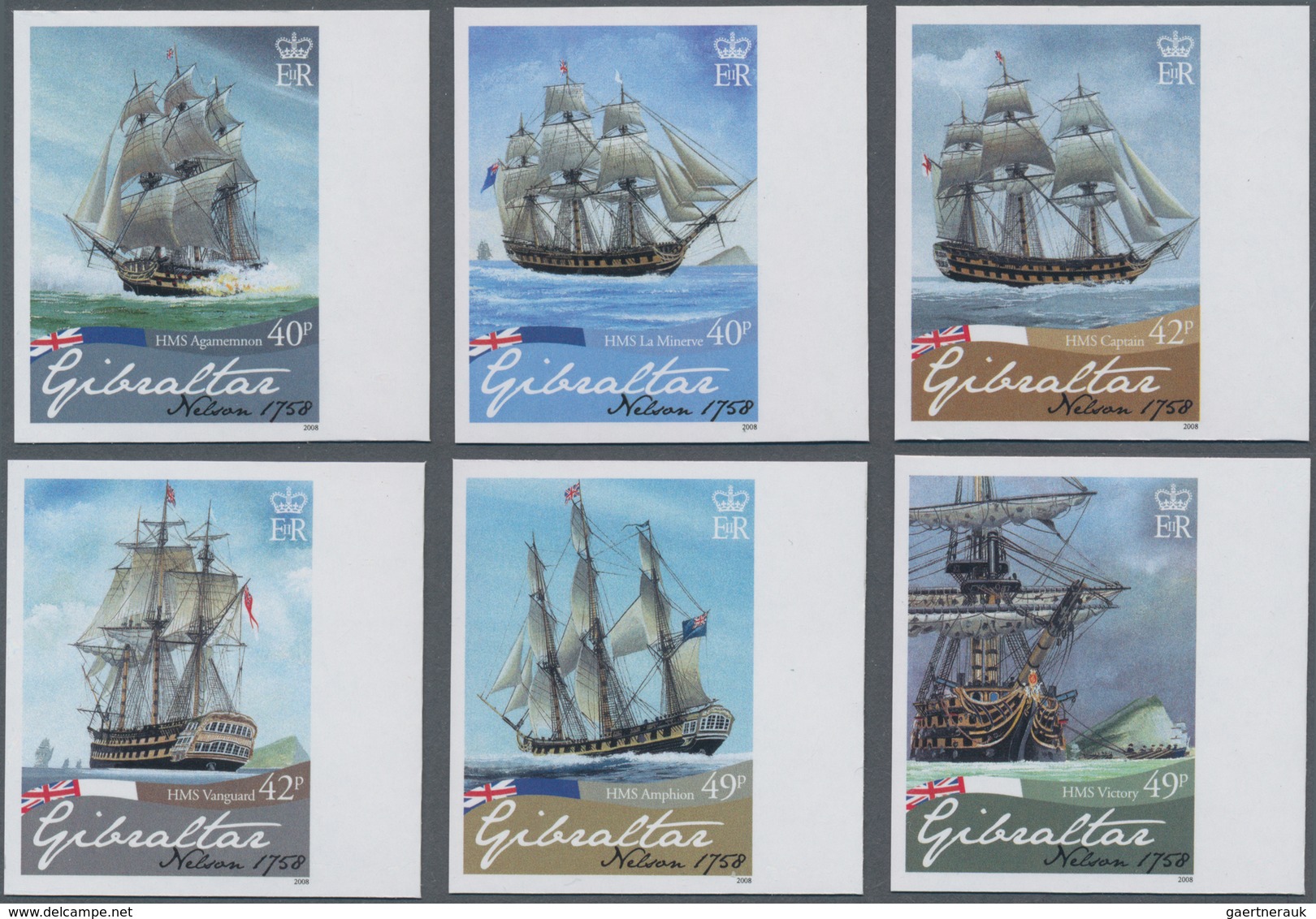 Gibraltar: 2008. Complete Set "250. Birth Anniversary Of Lord Horatio Nelson" (6 Values) In IMPERFOR - Gibraltar