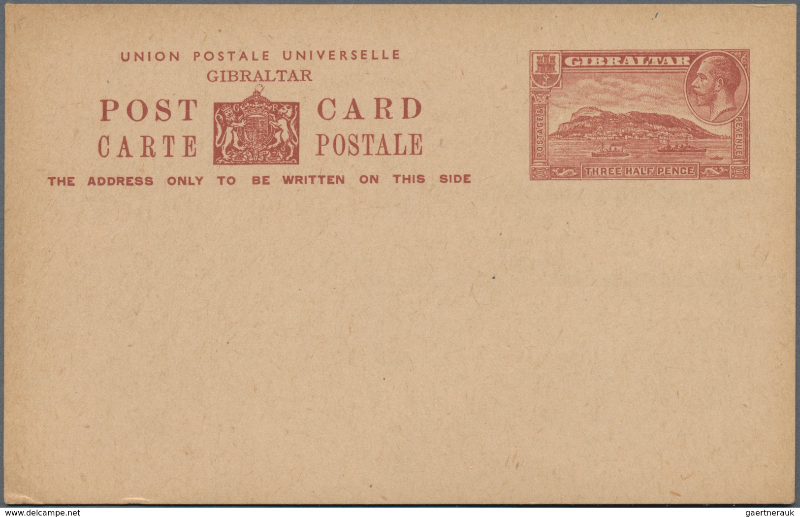 Gibraltar - Ganzsachen: 1934 Unused Postal Stationery Card (KGV) Three Half Pence Brown On Buff, Goo - Gibraltar