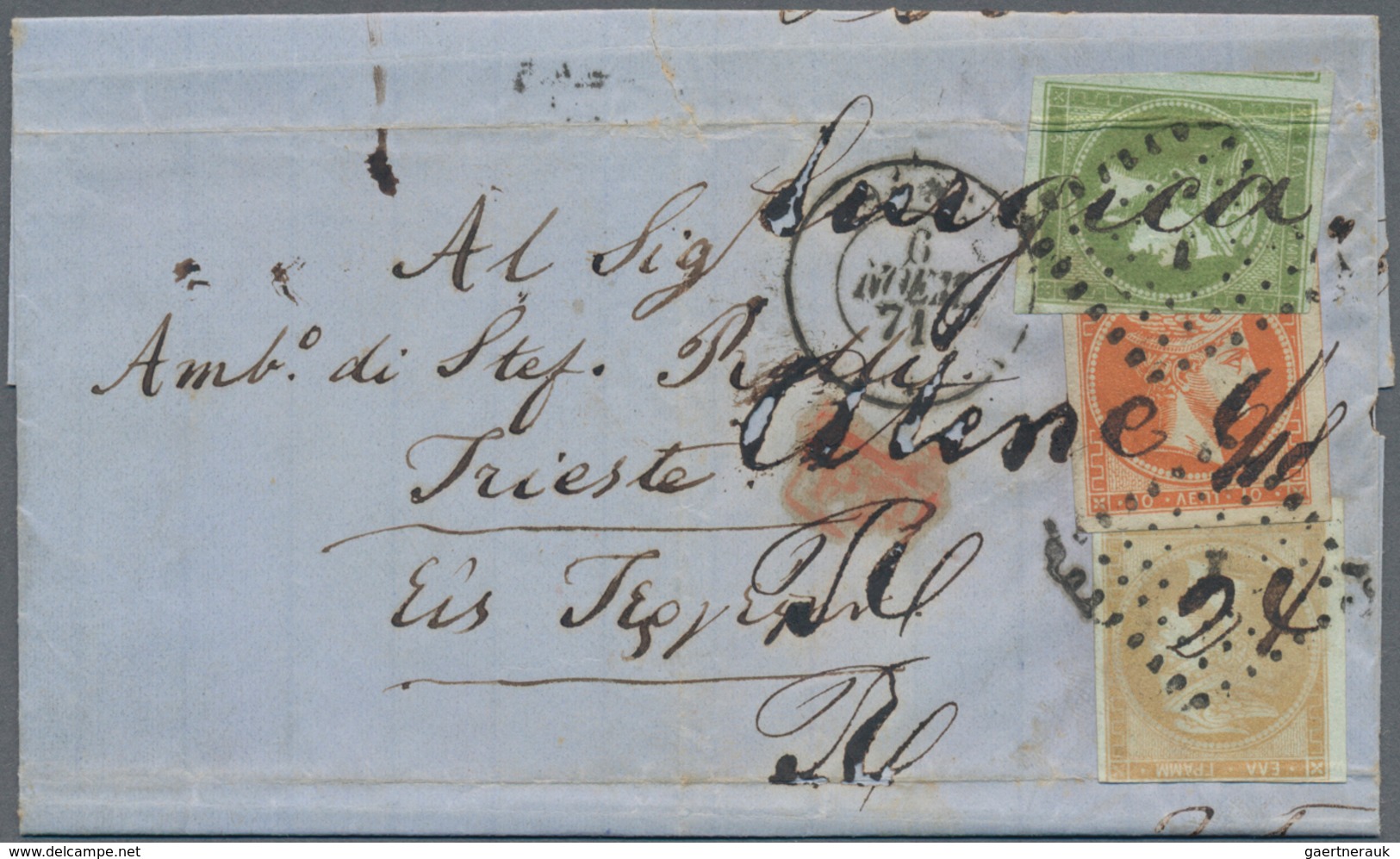 Griechenland: 1871, Folded Envelope Bearing 5 L. Green, 10 L. Orange And 40 L. Salmon On Greenish, A - Andere & Zonder Classificatie