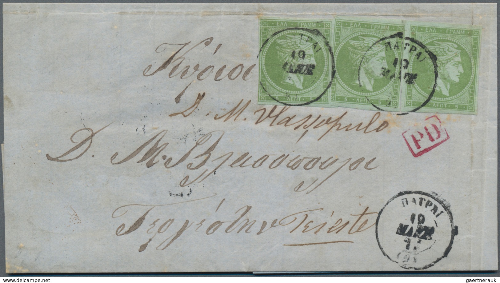 Griechenland: 1874, Folded Envelope Bearing Three 5 L. Green With Numeral "5" On Reverse (removed An - Otros & Sin Clasificación