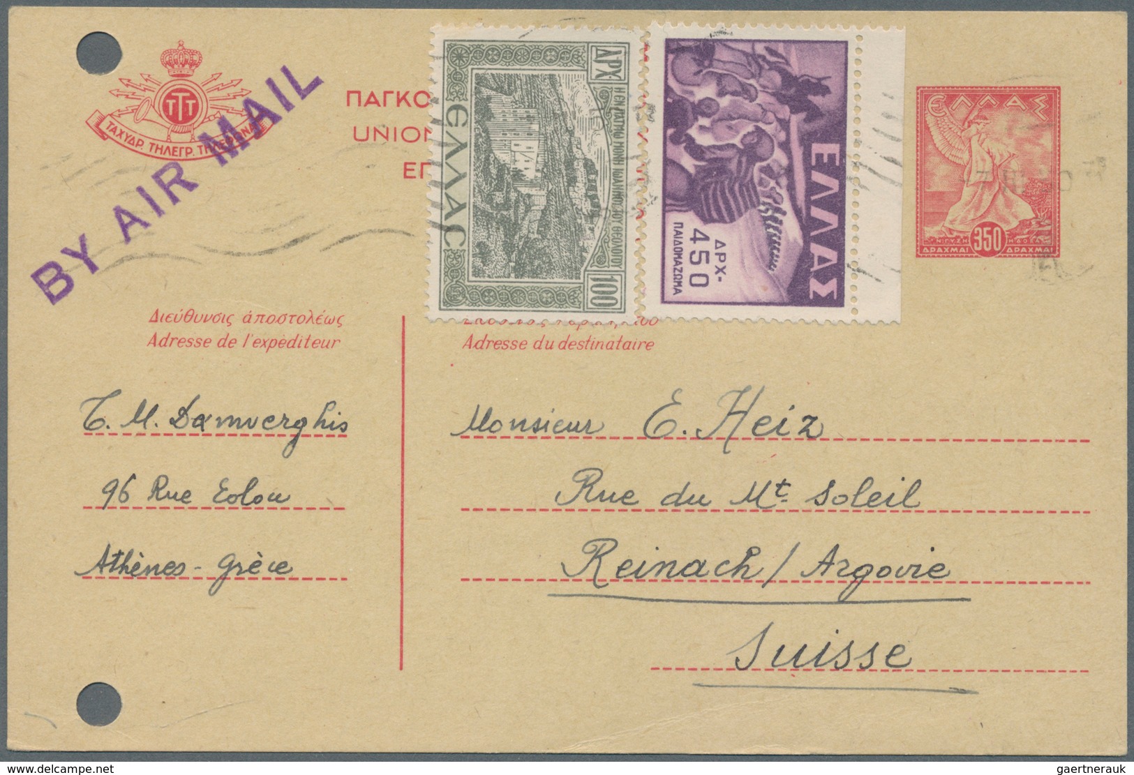 Griechenland - Ganzsachen: 1950, 350 Dr. Stationery Cards, Each With Additional Franking And Sent By - Postwaardestukken