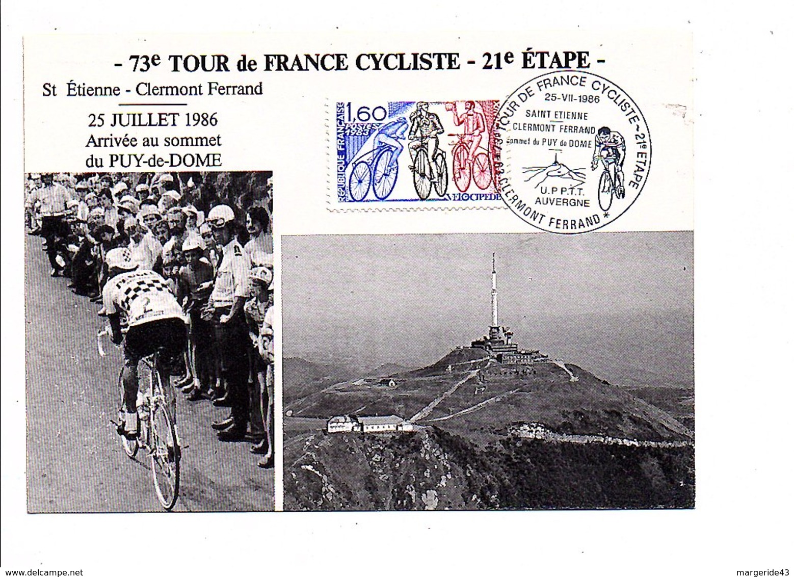 OBLITERATION CYCLISME ARRIVEE AU SOMMET DU PUY DE DOME DU TOUR DE FRANCE 1986 - Bolli Commemorativi