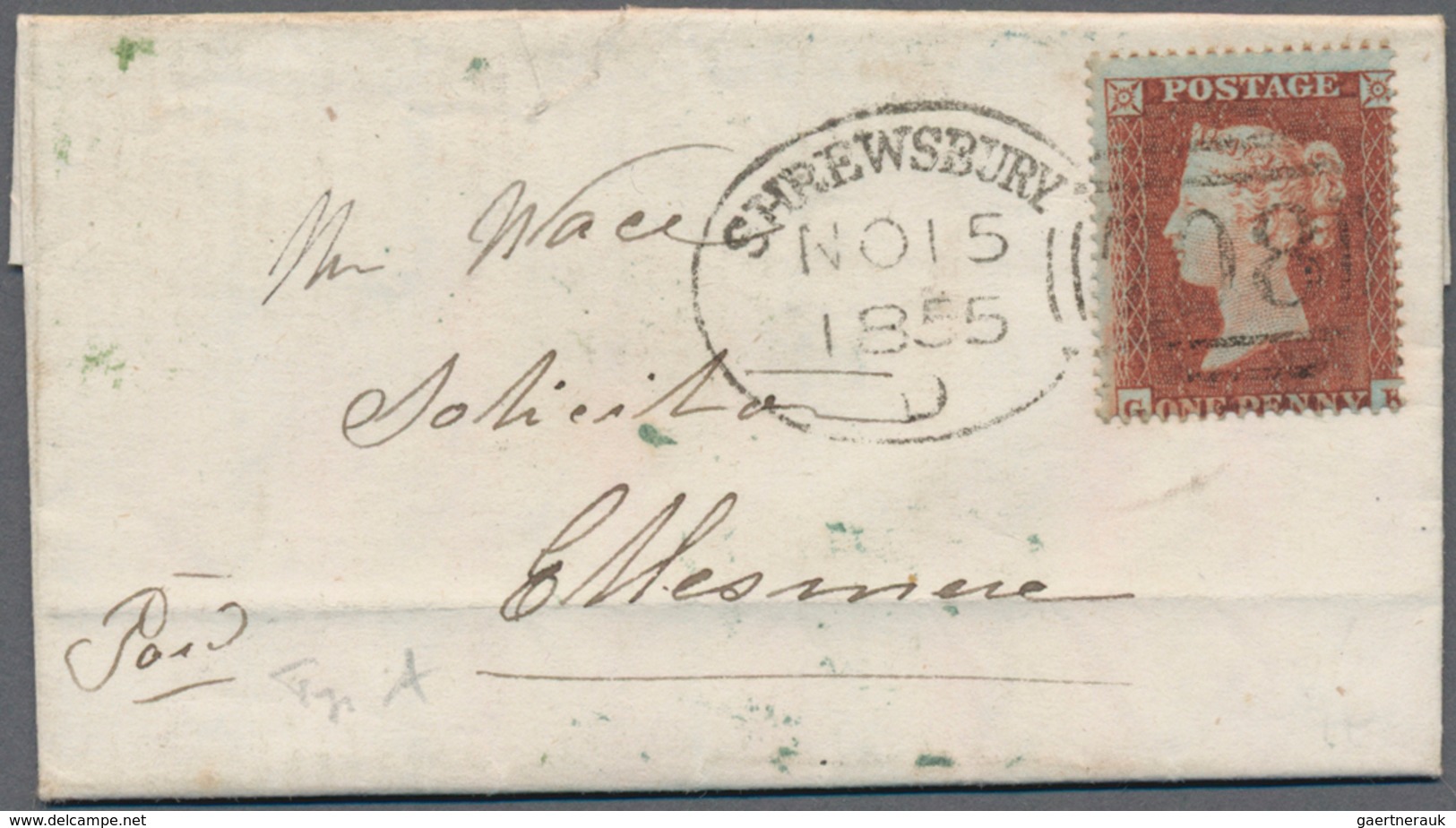 Großbritannien: 1855, 1 P Red-brown With Ideal Spoon Cancellation SHREWESBURY With Serifen In Typ A - Other & Unclassified