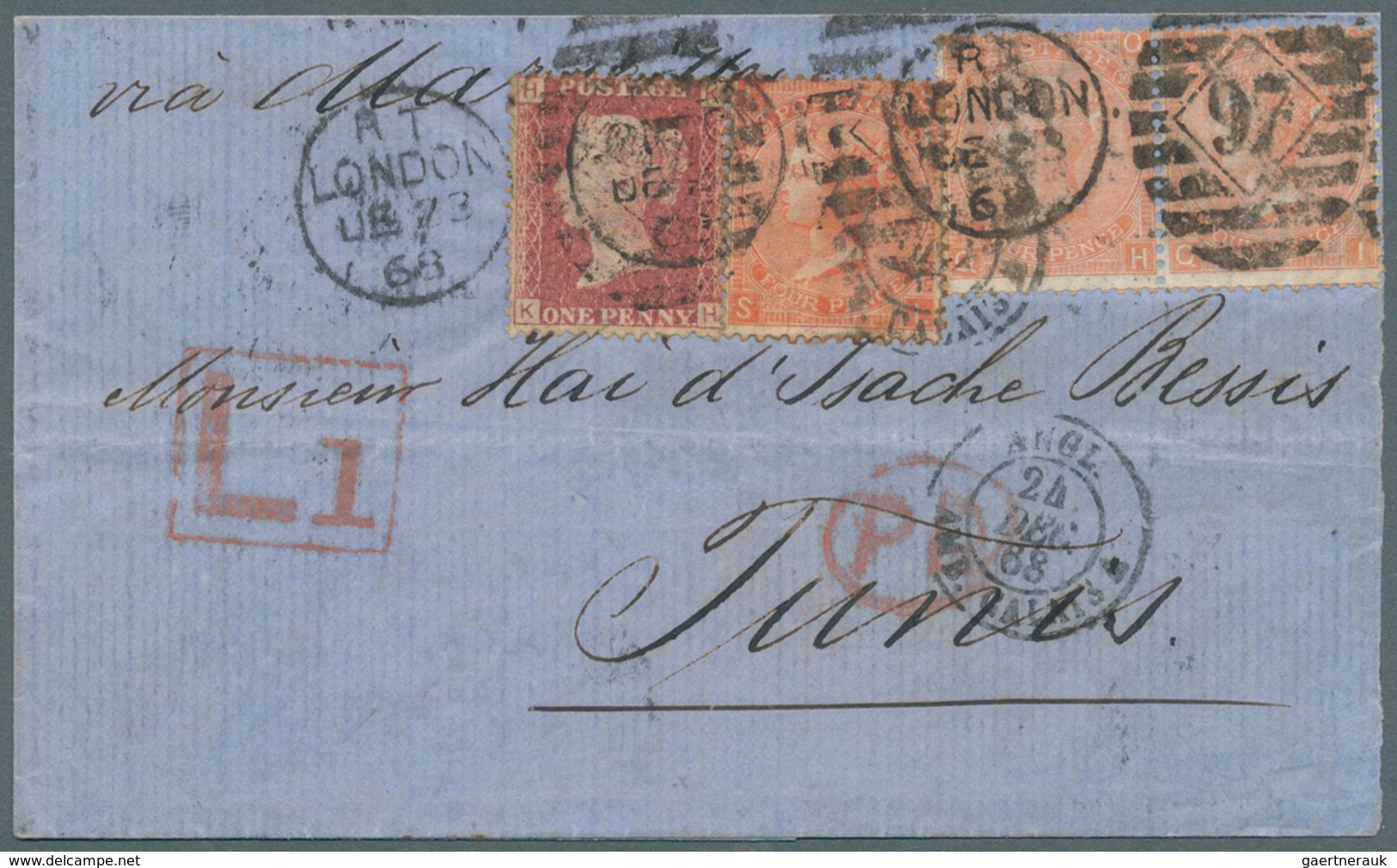 Großbritannien: 1868 (Dec 23), Destination TUNIS: Folded Cover From London To Tunis 'via Marseilles' - Otros & Sin Clasificación