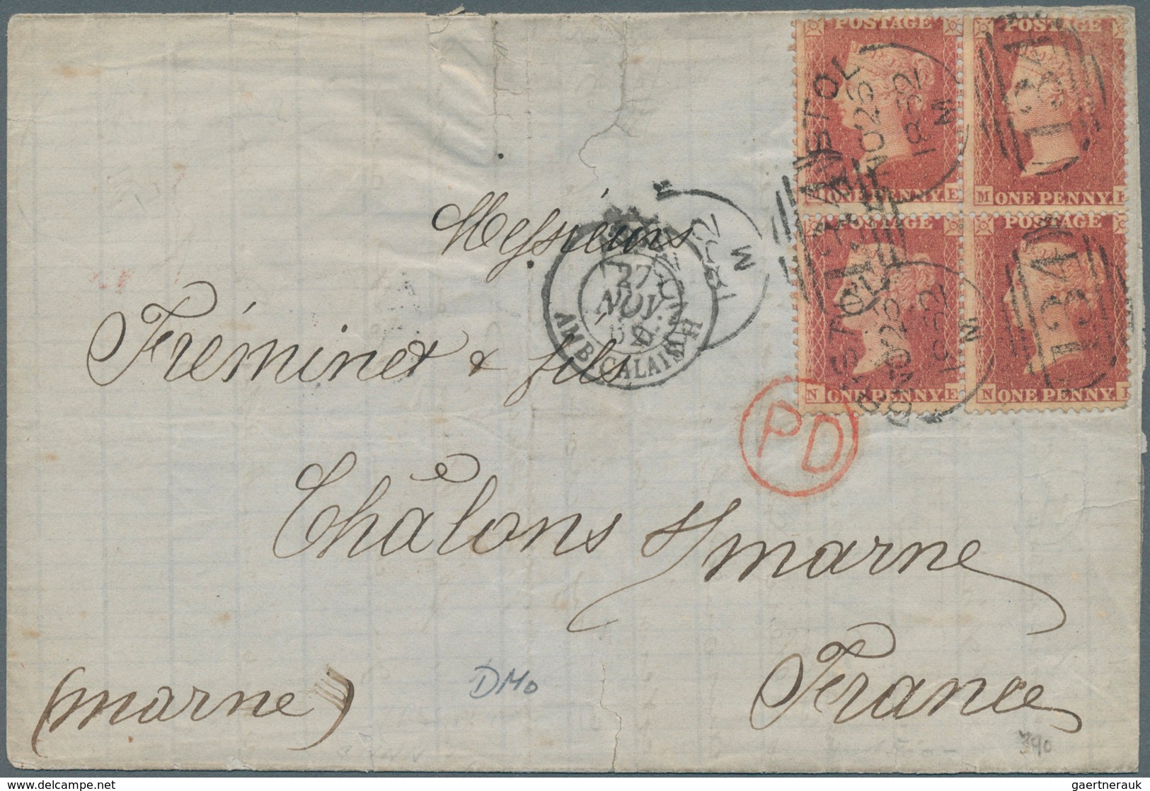 Großbritannien: 1855, 1 D. Red In Block Of Four With Duplex "BRISTOL NO 26 1862 =134=" On Folded Let - Other & Unclassified