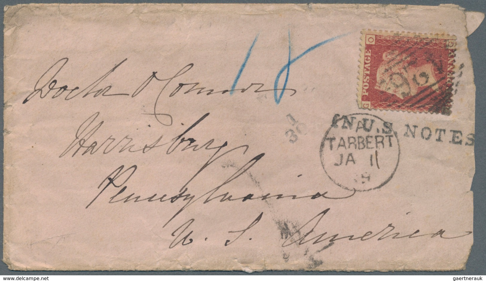 Großbritannien: 1869, 1d Dark-rose On Letter From TARBERT To Harrisburg/USA, Paying The Postage To P - Other & Unclassified