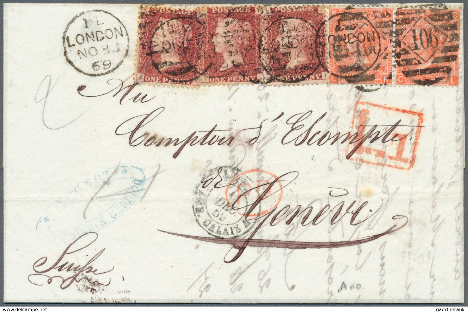 Großbritannien: 1869, 4d Pair Plate 11 And Three Singles 1d Red-brown Tied With London-"106" Diamond - Andere & Zonder Classificatie