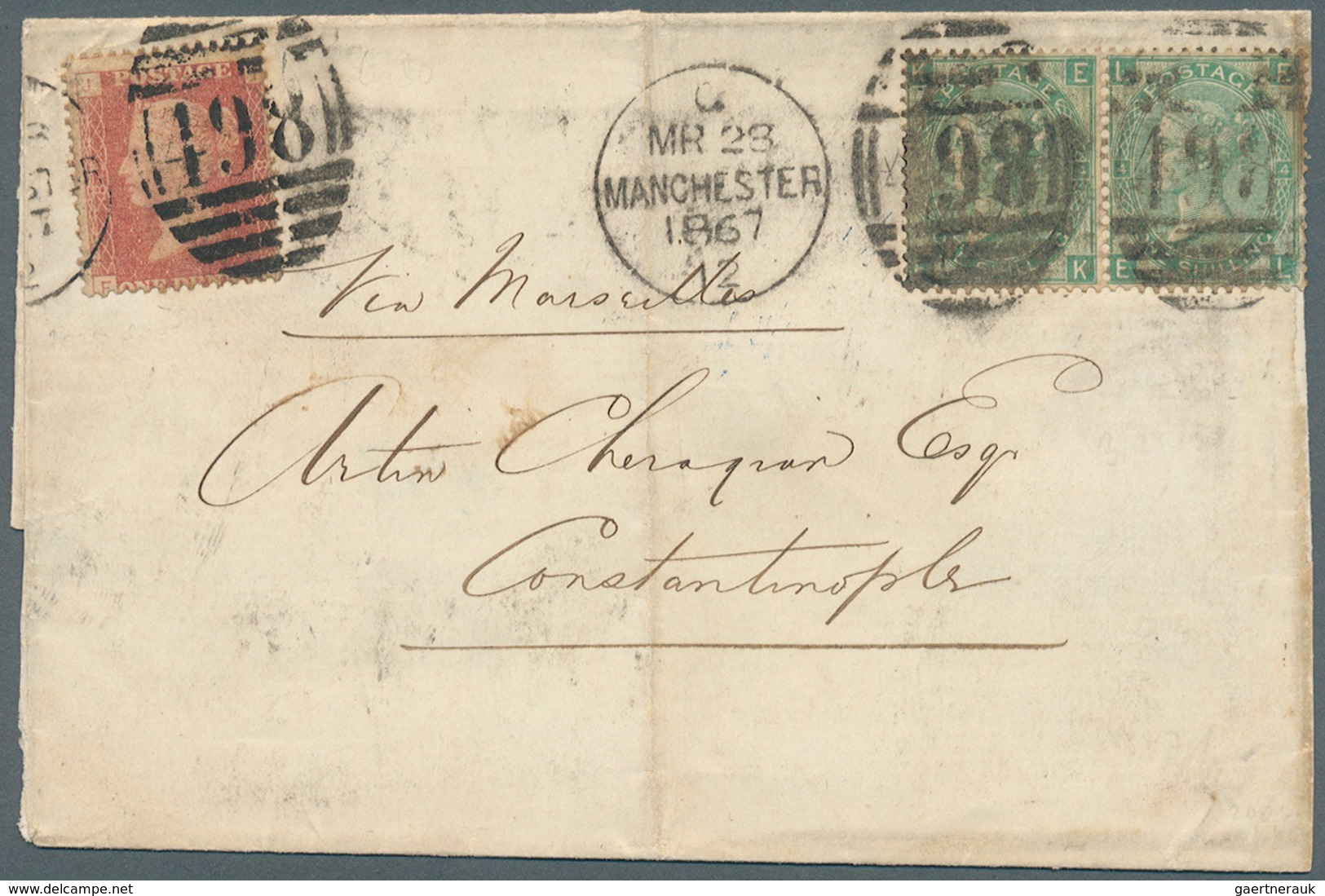 Großbritannien: 1865, 1s Green Horizontal Pair Together With 1864 1d (Plate 85) On Cover From Manche - Other & Unclassified