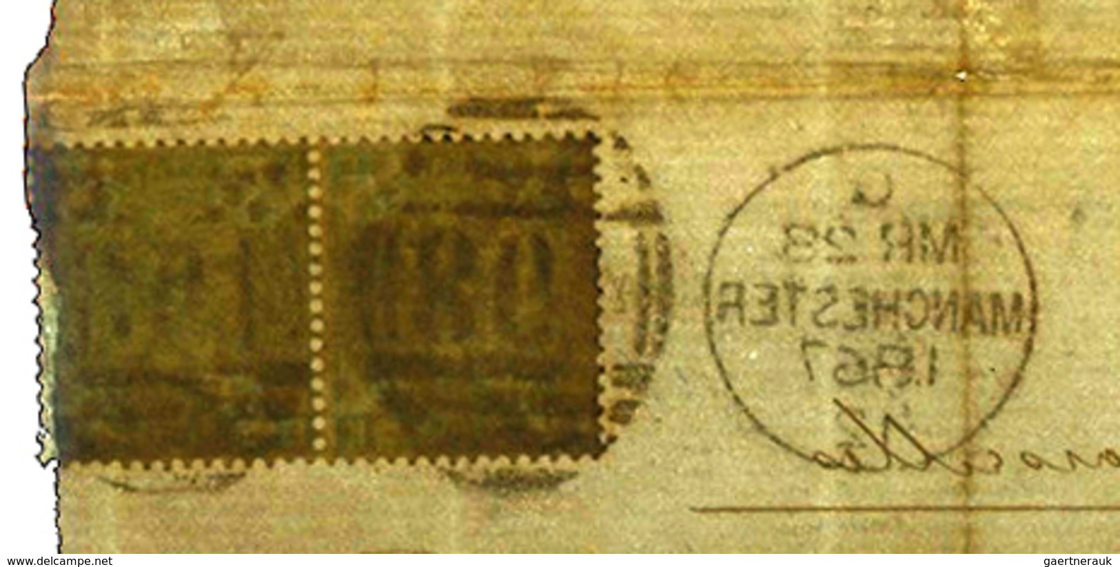Großbritannien: 1865, 1s Green Horizontal Pair Together With 1864 1d (Plate 85) On Cover From Manche - Andere & Zonder Classificatie