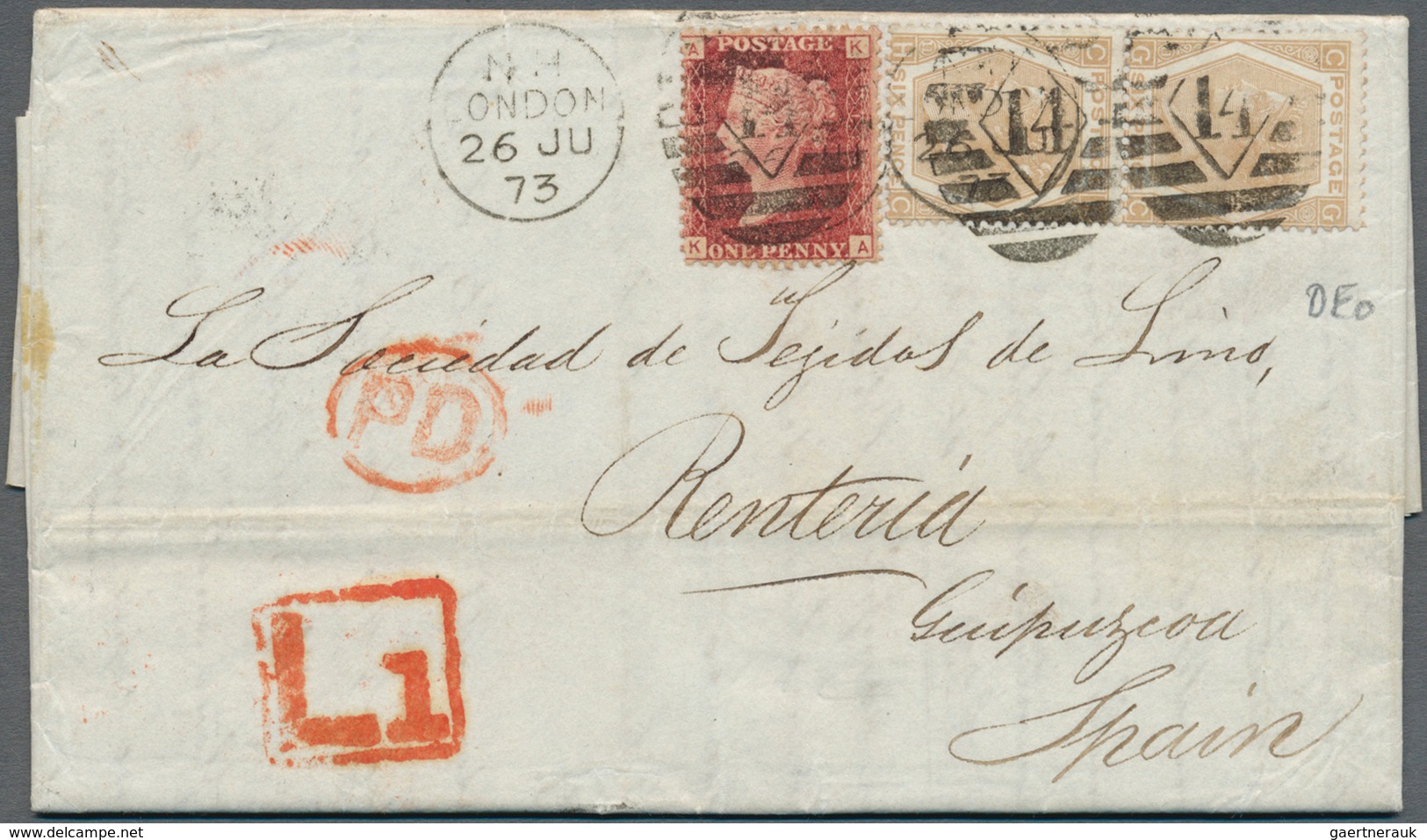 Großbritannien: 1858/1872, 1d Red-brown Plate 124 And 6d Orange-brown Plate 11 Vertical Pair Cancell - Andere & Zonder Classificatie