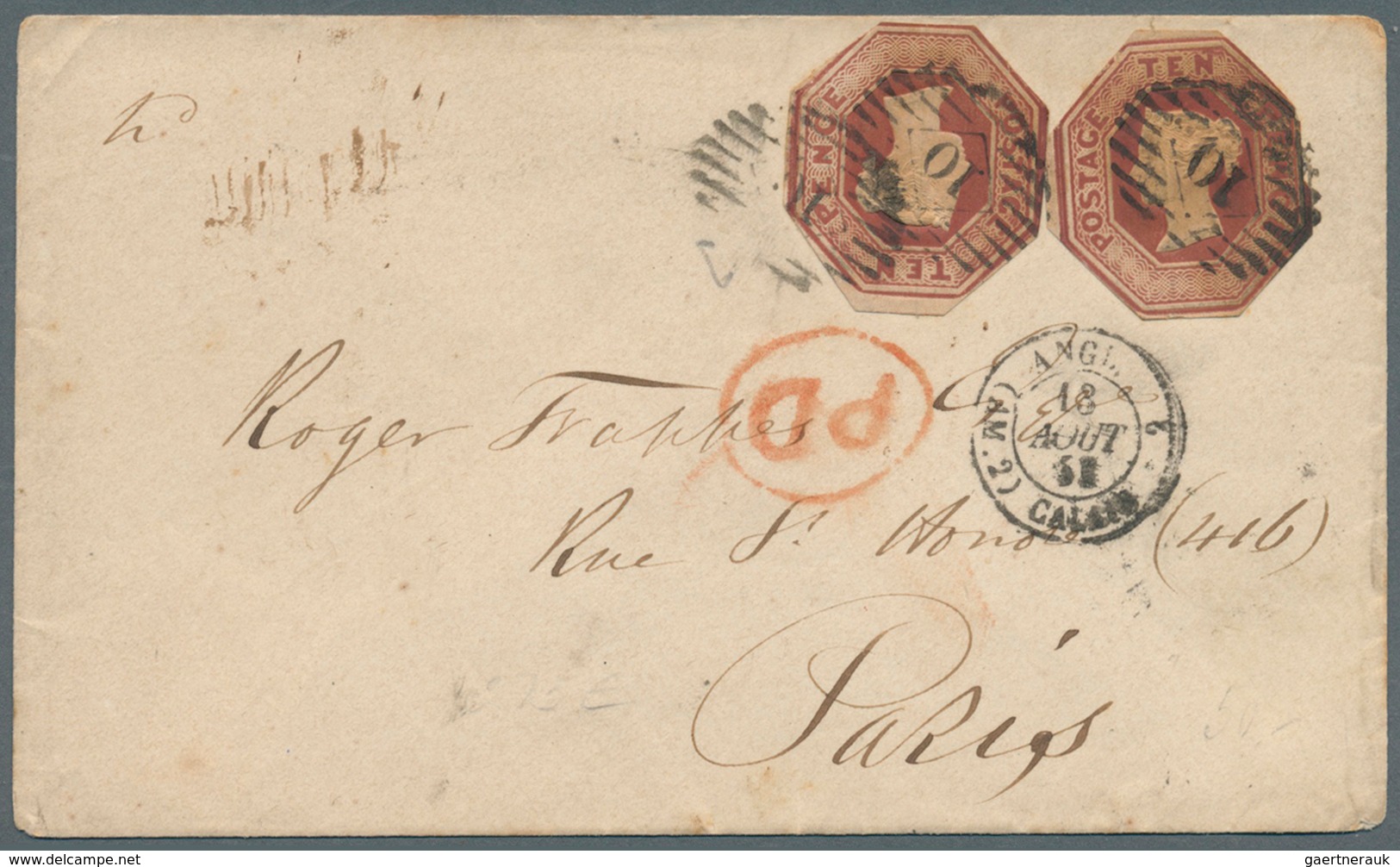 Großbritannien: 1848, Embossed 10d Two Cut-to-shape Examples On Cover From London To Paris, Tied Wit - Other & Unclassified