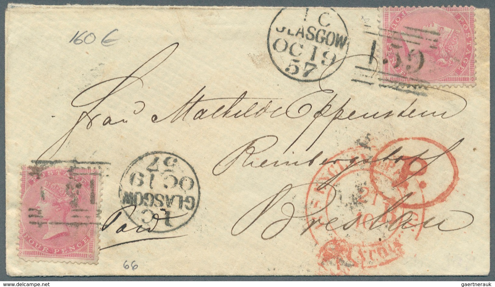 Großbritannien: 1855, 4 Pence Rose-lilac Two Items Cancelled "159" Glasgow On Little Cover Via Aache - Andere & Zonder Classificatie