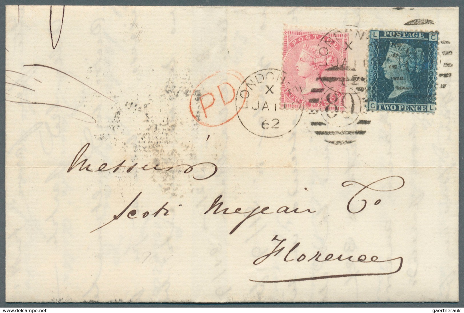 Großbritannien: 1862 (Jan 11), Entire From London To Florence, Italy Franked With 1857 4d Rose And 1 - Andere & Zonder Classificatie