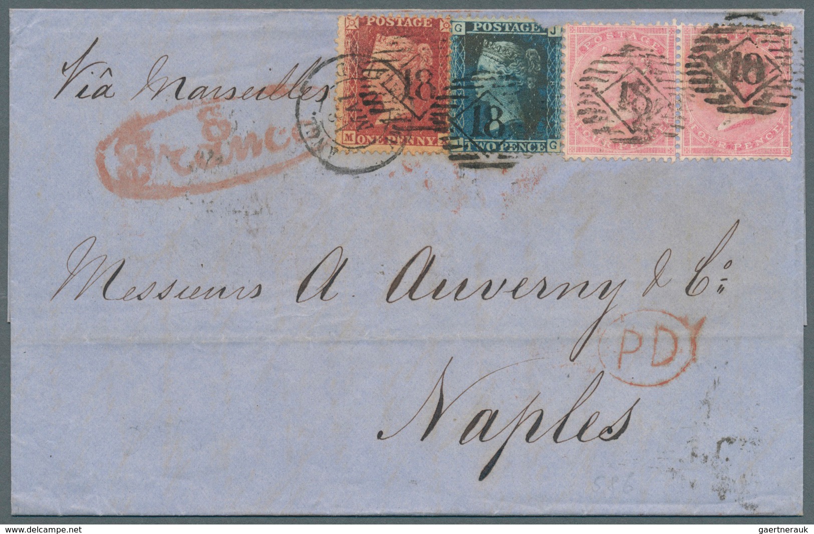 Großbritannien: 1860 (May 17), Folded Cover To NAPLES Bearing 1857 4d Pair, 1858 2d (Plate 8, Corner - Other & Unclassified