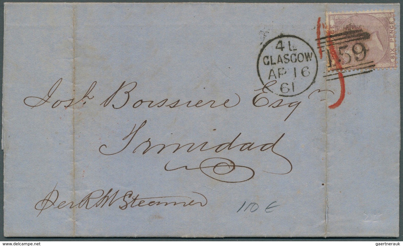 Großbritannien: 1856, 6 Pence Purple-violet Cancelled "159" GLASGOW On Folded Letter 1861 Via London - Andere & Zonder Classificatie