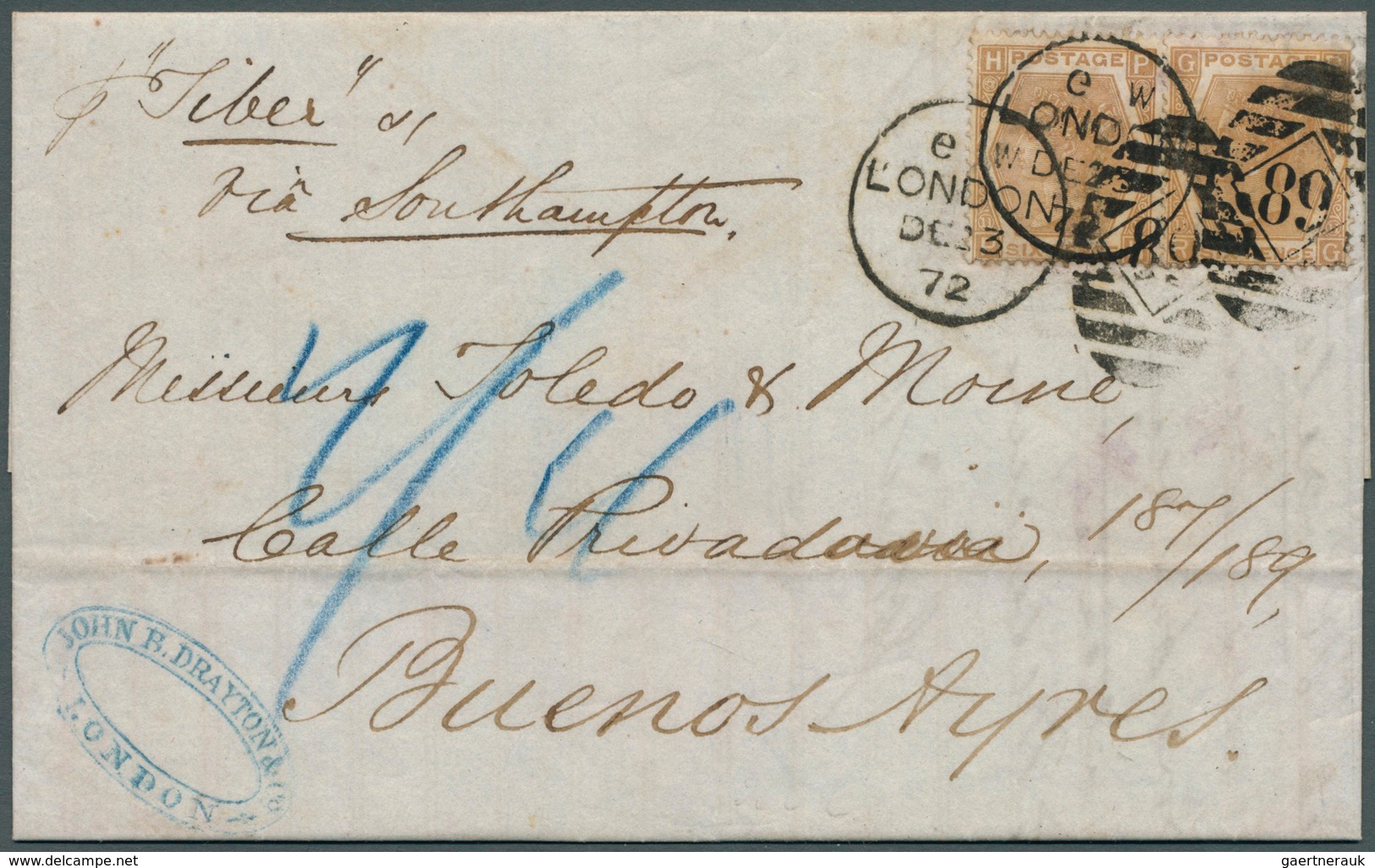 Großbritannien: 1872, 6 Pence Orange-brown Two Items Cancelled "89" On Folded Letter From London To - Andere & Zonder Classificatie