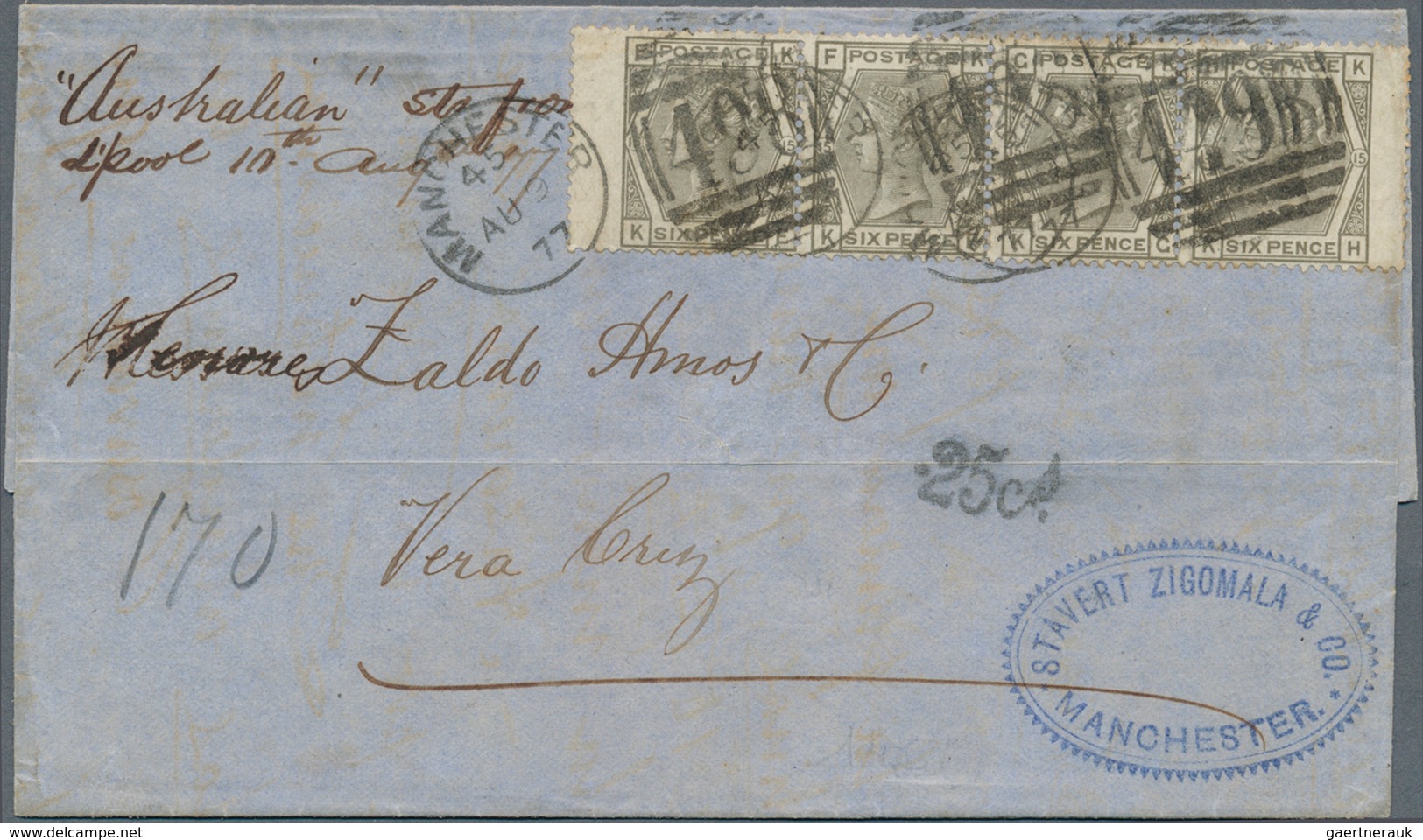 Großbritannien: 1873, A Stripe Of FOUR Of QV 6 D Deep-grey Plate 15 On Folded Entire Letter From "MA - Andere & Zonder Classificatie