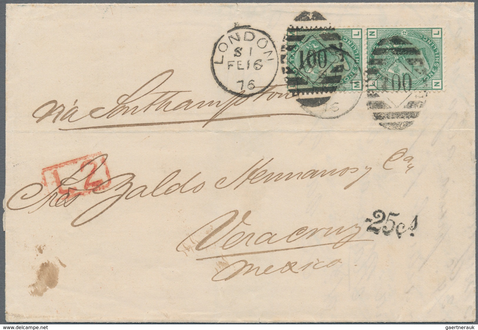 Großbritannien: 1875 1s. Green Vertical Pair, Plate 12, Used On Folded Letter From London To Veracru - Other & Unclassified
