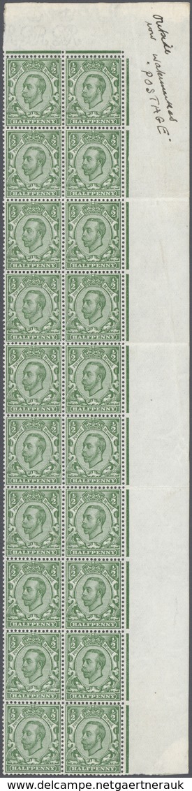 Großbritannien: 1912, ½d. Green, Wm Multiple Cypher, Marginal Vertical Block Of 20 From The Upper Ri - Andere & Zonder Classificatie