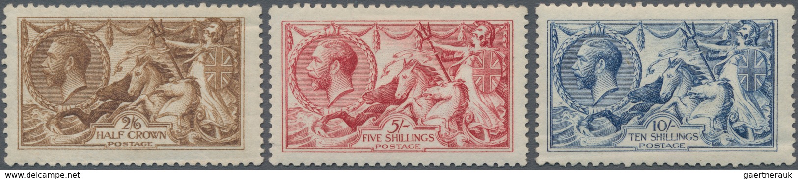 Großbritannien: 1915, Sea Horses (De La Rue), 2s.6d. Yellow-brown, 5s. Pale-rose And 10s. Blue, All - Andere & Zonder Classificatie