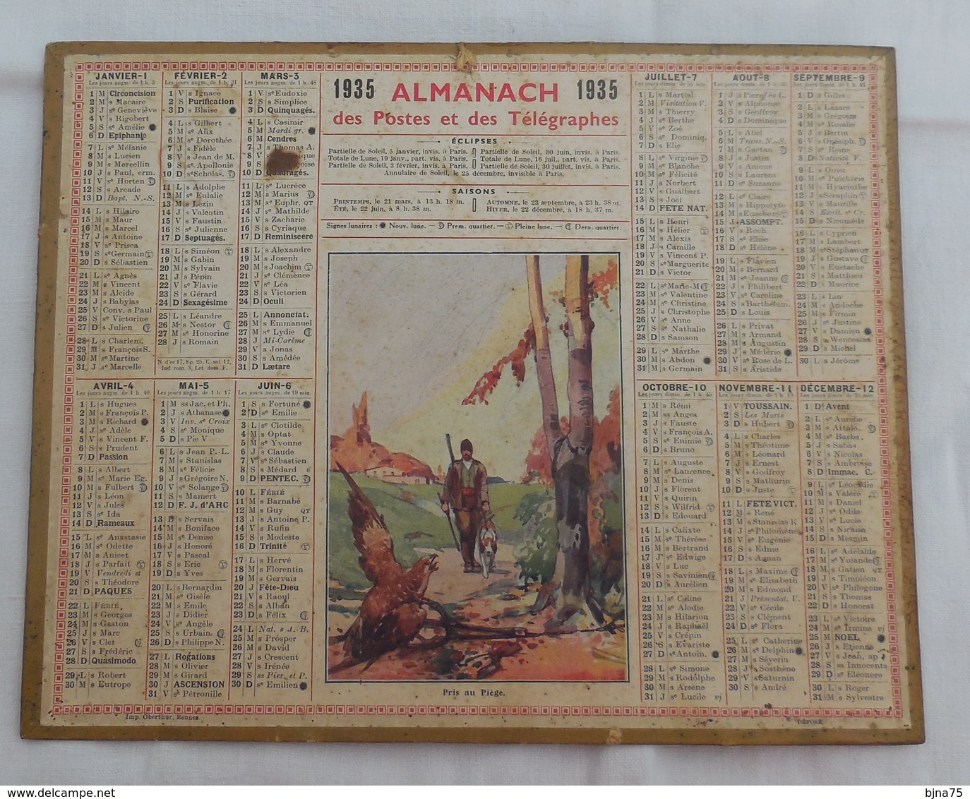 CALENDRIER - ALMANACH 1935   :  CHASSEUR OISEAU PRIS AU PIEGE - Seine Et Oise - Grand Format : 1921-40