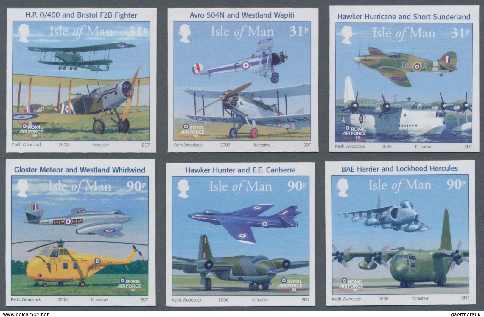 Großbritannien - Isle Of Man: 2008. Complete Set "90 Years Royal Air Force" (6 Values) In IMPERFORAT - Isla De Man