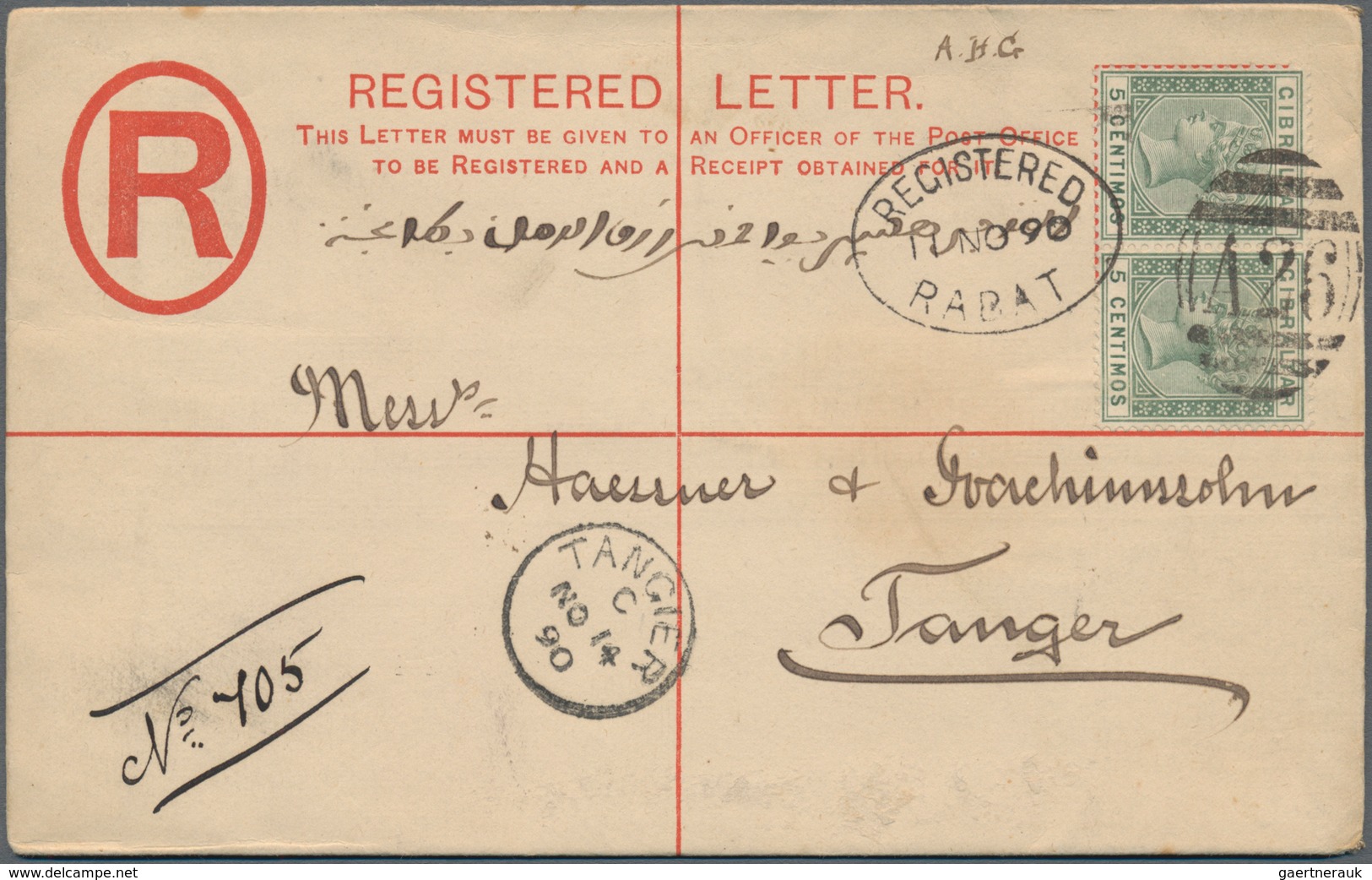 Britische Post In Marokko - Ganzsachen: 1890, Registration Envelope QV 20 Cts. Uprated QV 5 C. Pair - Morocco Agencies / Tangier (...-1958)