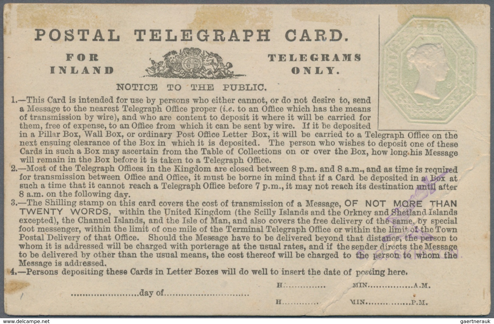 Großbritannien - Ganzsachen: 1872 Unused Postal Stationery Telegram Card One Shilling Green Queen Vi - Otros & Sin Clasificación