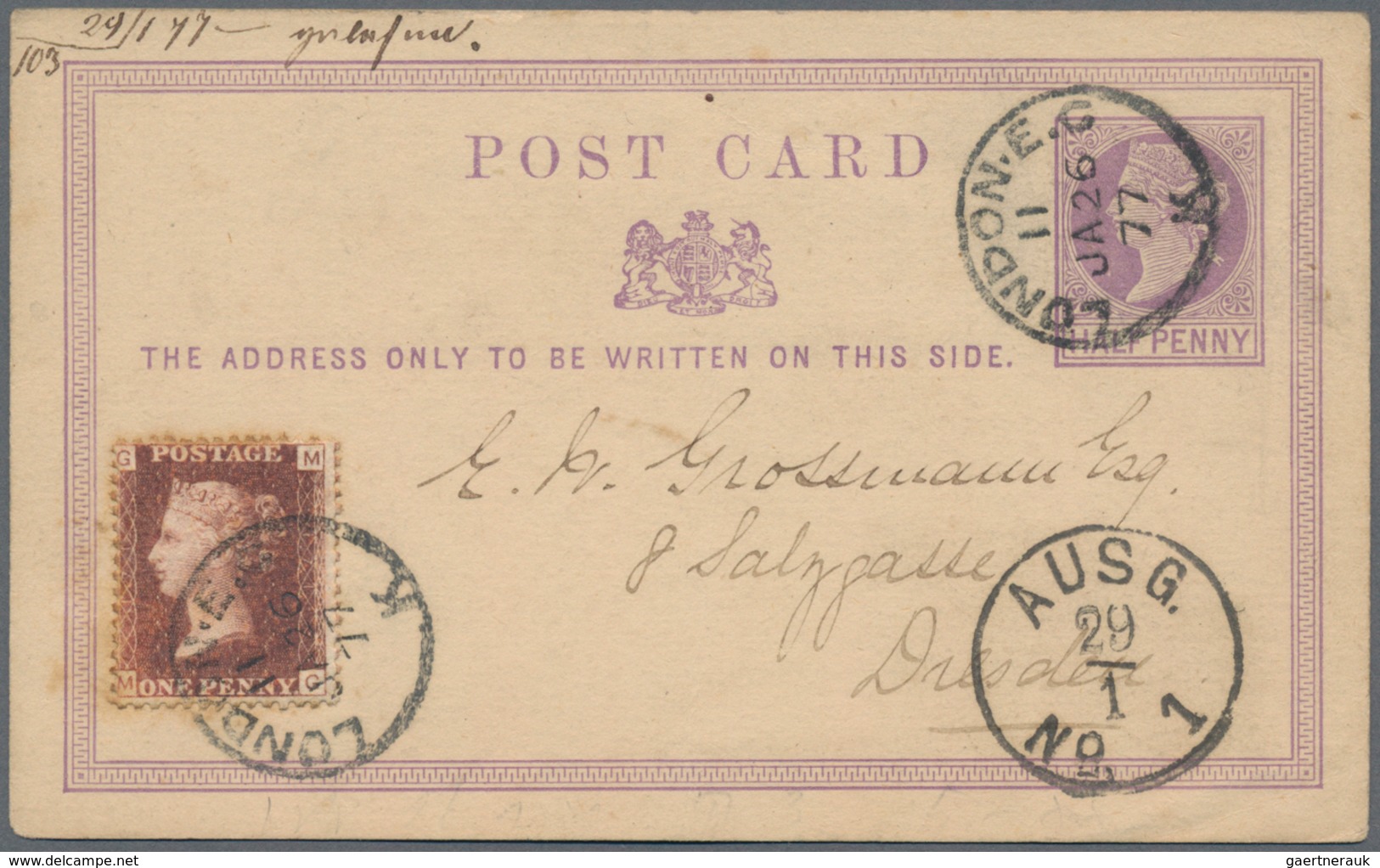 Großbritannien - Ganzsachen: 1877, Half Penny Violet Postal Stationery Card With Additional Franking - Other & Unclassified
