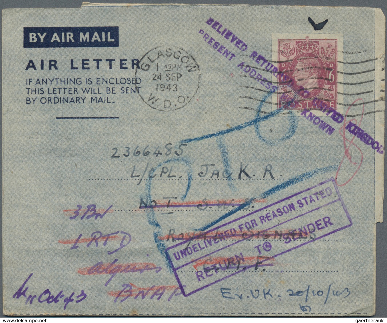 Großbritannien - Ganzsachen: 1943 Two Commercially Used Aerograms, Different Paper, One Item (Kessle - Andere & Zonder Classificatie