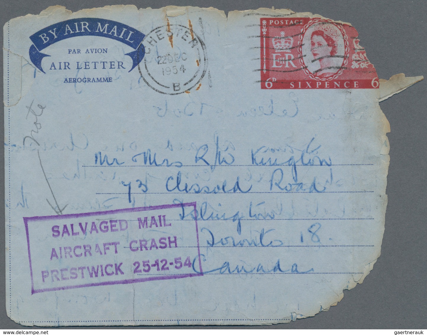 Großbritannien - Ganzsachen: 1954 Commercially Used Aerogram 6d Queen Elisabeth II. From Chester To - Other & Unclassified