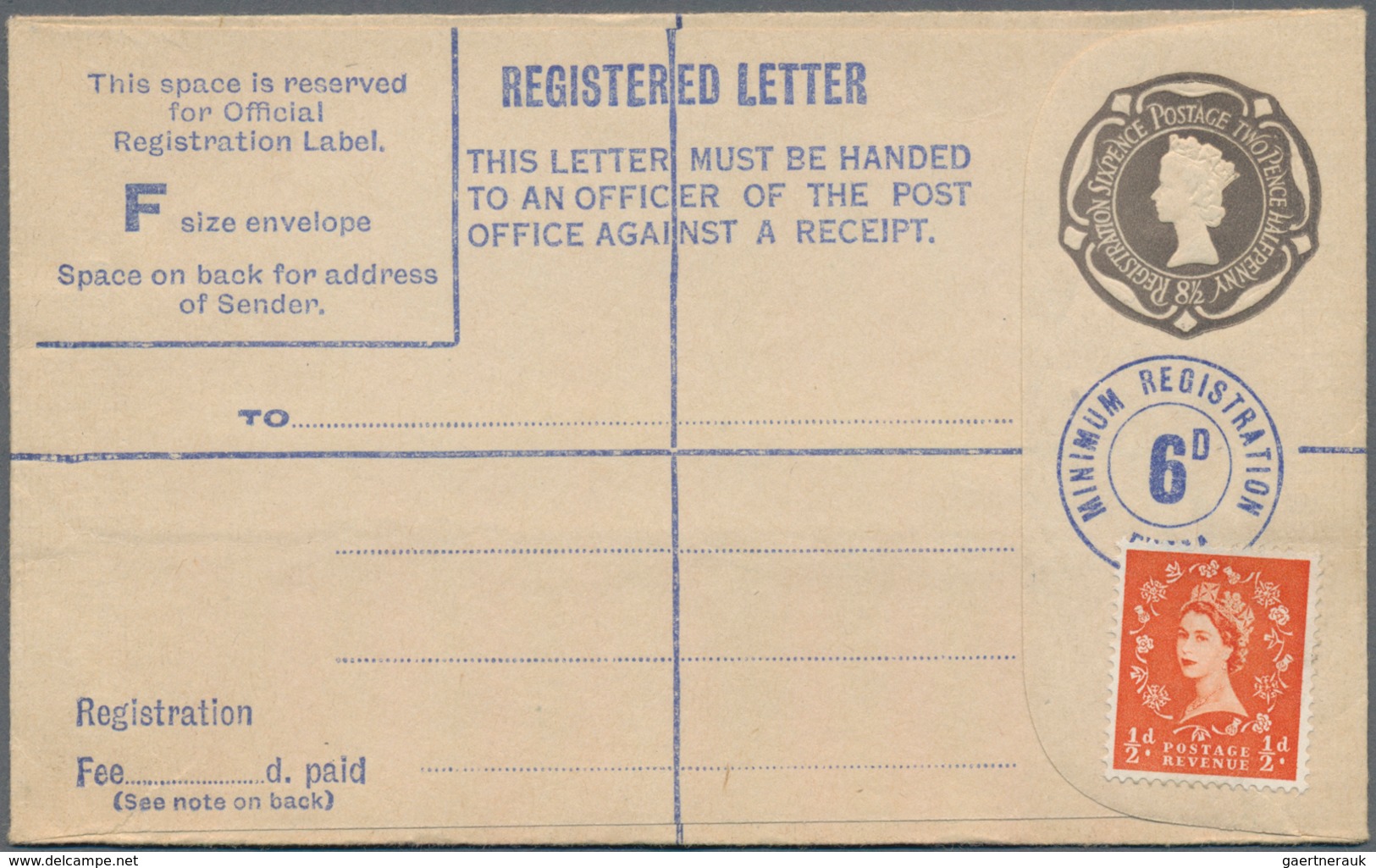 Großbritannien - Ganzsachen: 1956 Unused Postal Stationery Registered Envelope Size F (134x83), Twic - Other & Unclassified