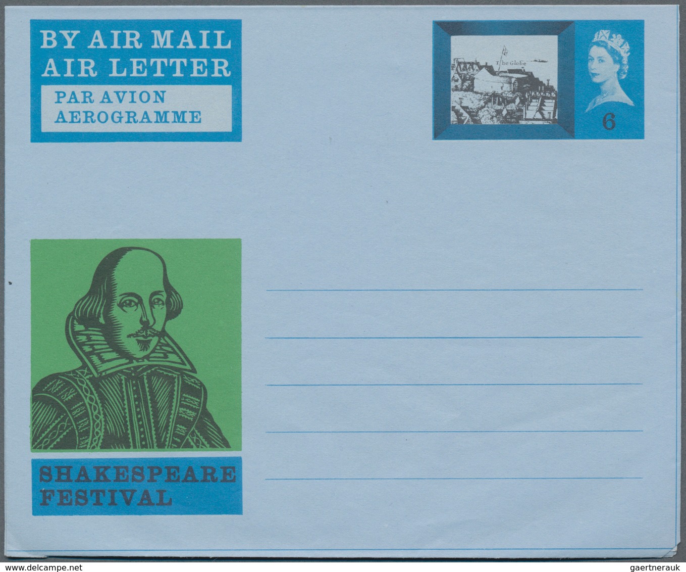 Großbritannien - Ganzsachen: 1964 Unused Aerogram 6p Shakespeare Festival, Green Colour Is Missed, N - Andere & Zonder Classificatie