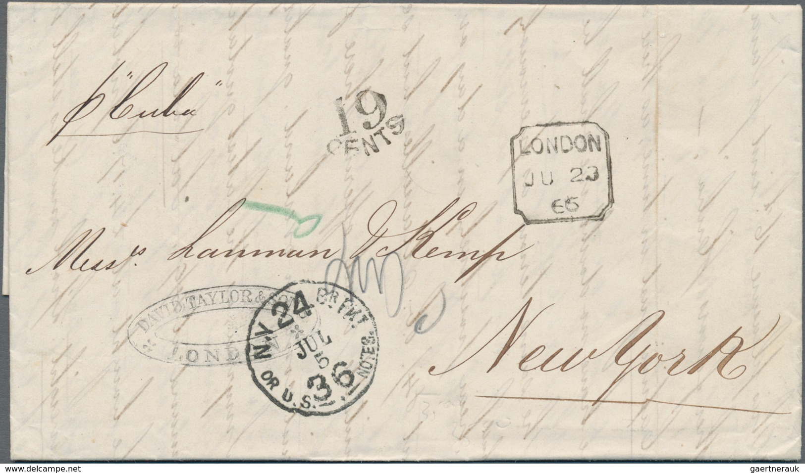 Großbritannien - Stempel: 1866, Folded Letter From LONDON JU 23 Per "Cuba" With 19 CENTS And "N.Y AM - Marcofilia