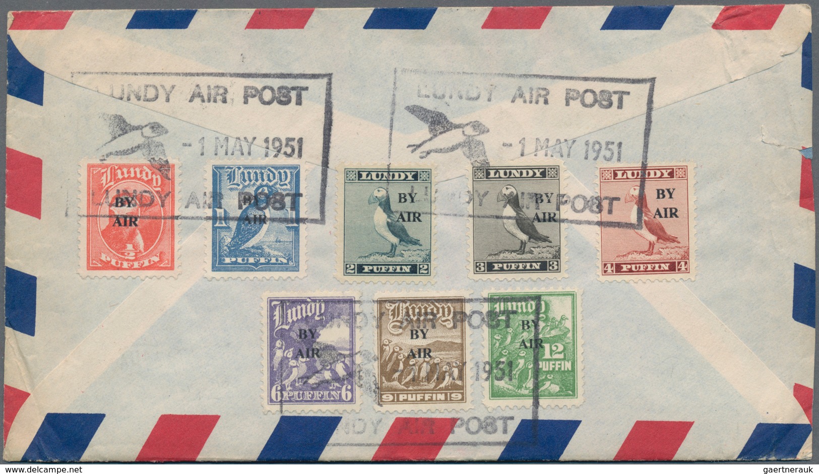 Großbritannien - Besonderheiten: LUNDY: 1951, Eight Stamps With Overprint "BY AIR" Tied By Frame Pos - Andere & Zonder Classificatie