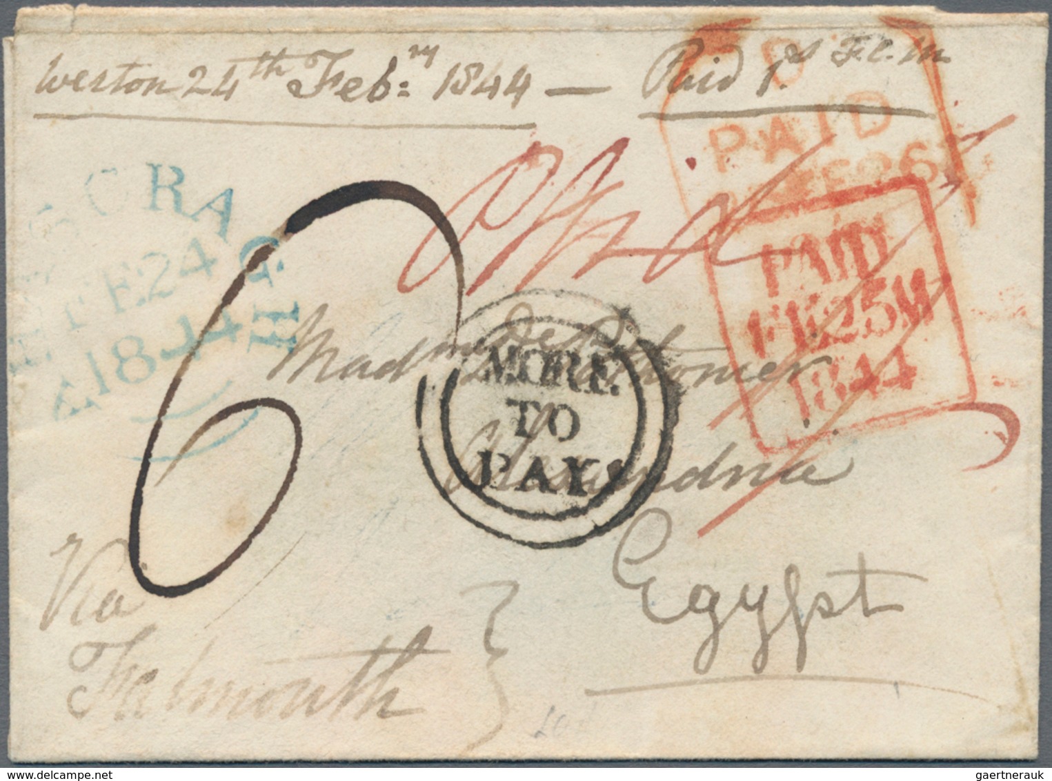 Irland - Vorphilatelie: 1844, Folded Letter From "AHASCRAGH 24 FEB 1844, Galway To Alexandria, Egypt - Vorphilatelie